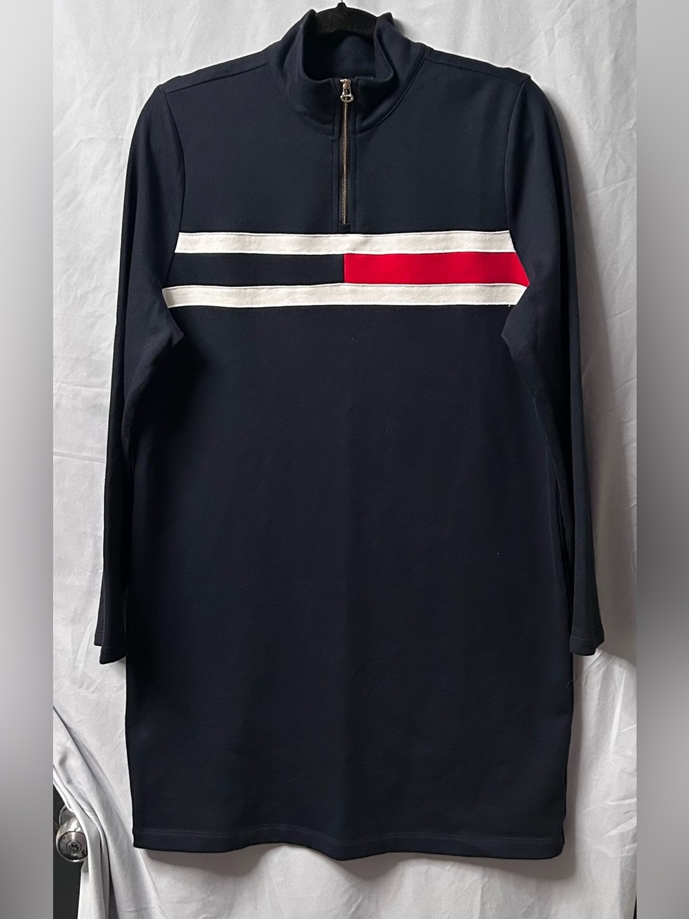 Tommy Hilfiger Navy Long-Sleeve Zip-Front Dress with White and Red Chest Stripes